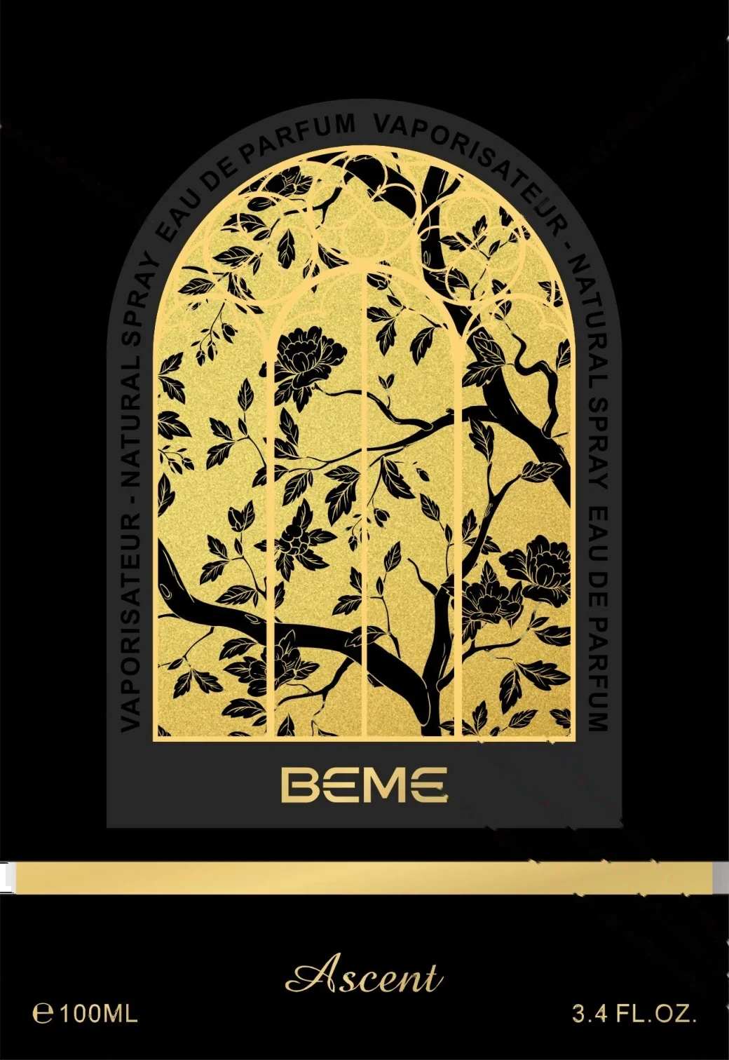 Ascent box: black soft-touch paper with a gold-foiled arched window
