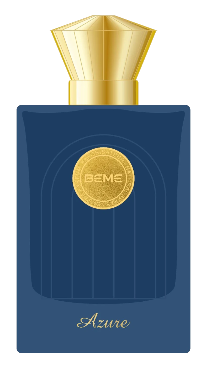 Azure bottle in royal blue with a gold cap and gold BEME medallion