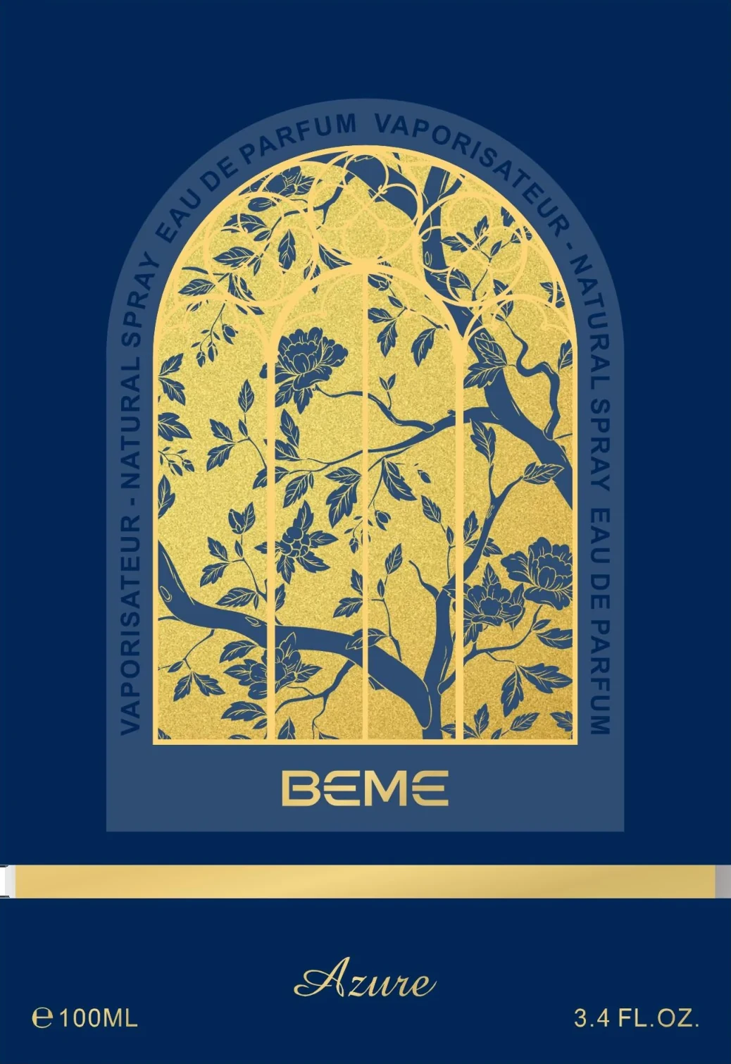 Azure box: royal blue soft-touch paper with a gold-foiled arched window
