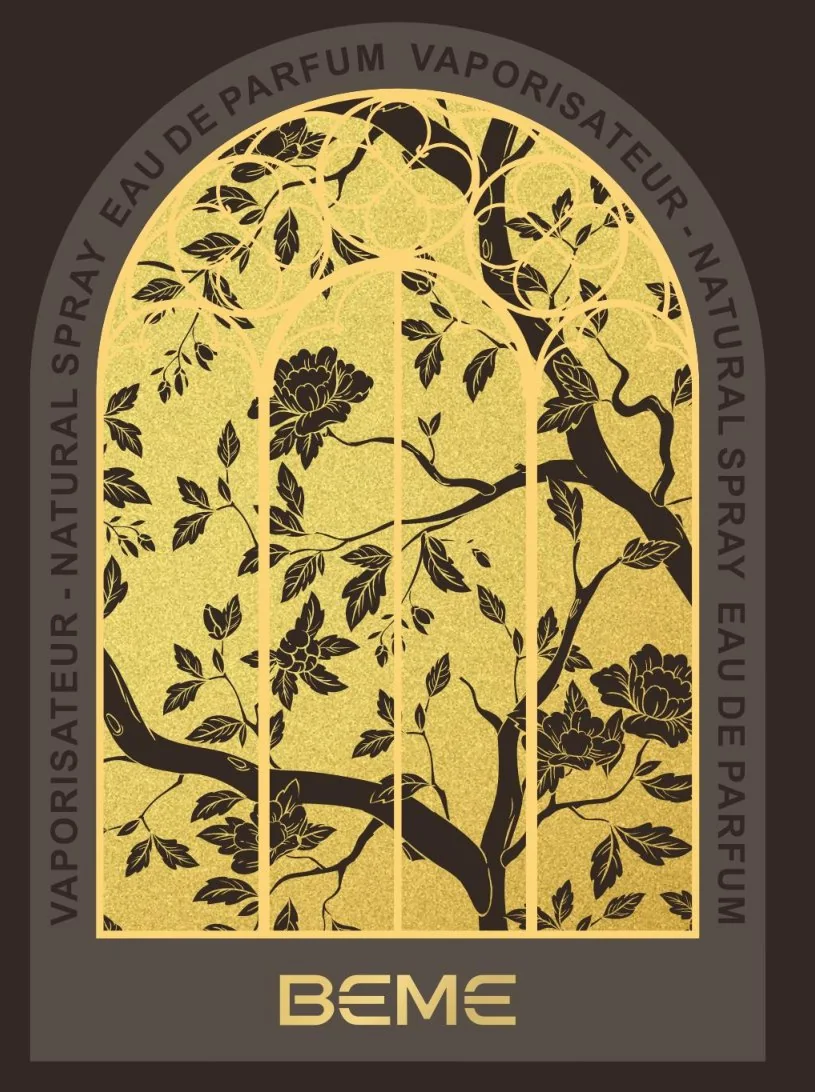 Gold-foiled window artwork, Oud Noir