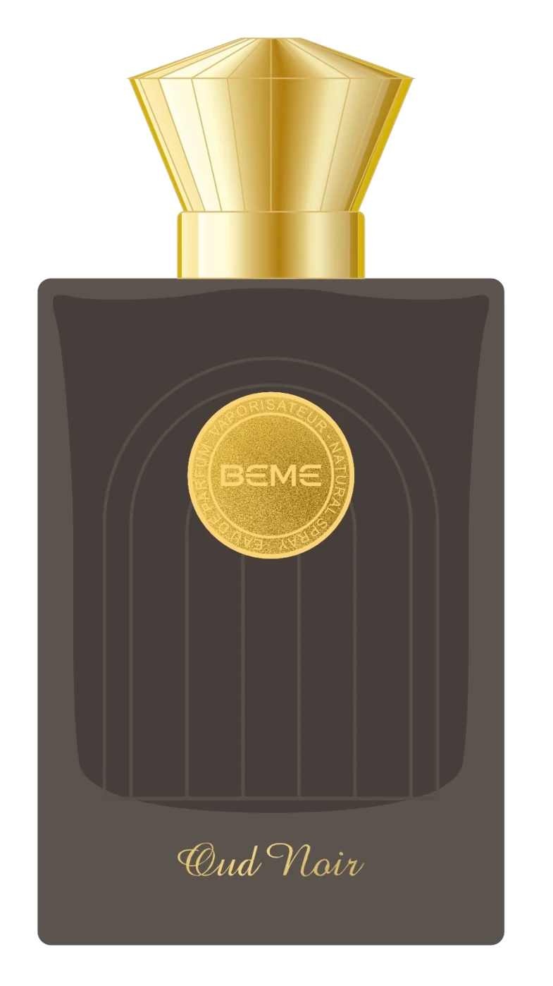 Oud Noir bottle in brown with a gold cap and gold BEME medallion