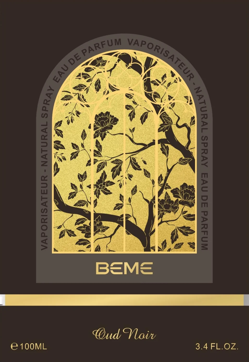 Oud Noir box: brown soft-touch paper with a gold-foiled arched window
