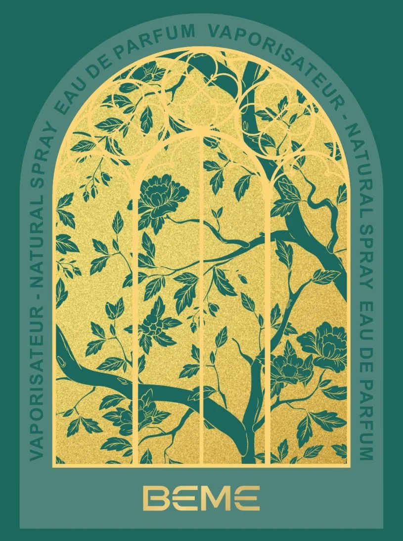 Gold-foiled window artwork, Pura