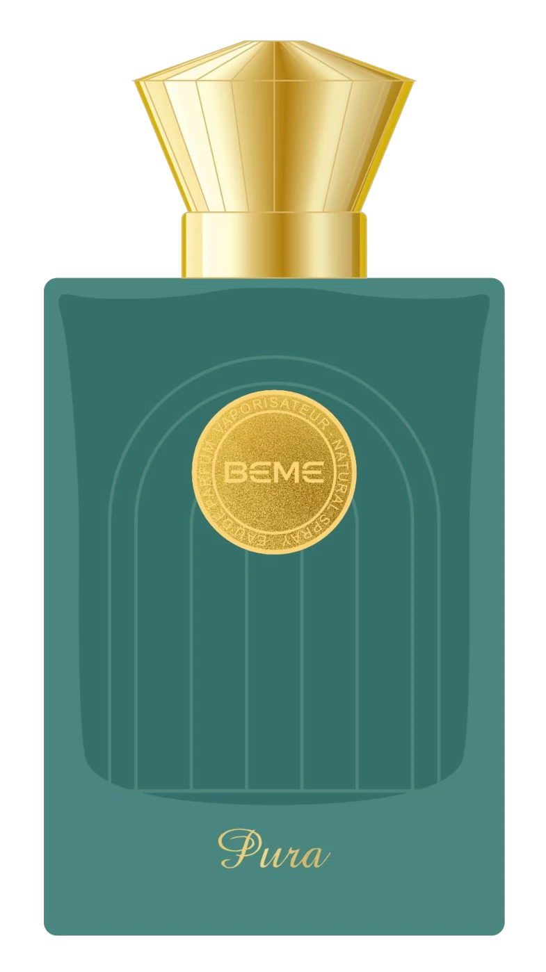 Pura bottle in green with a gold cap and gold BEME medallion