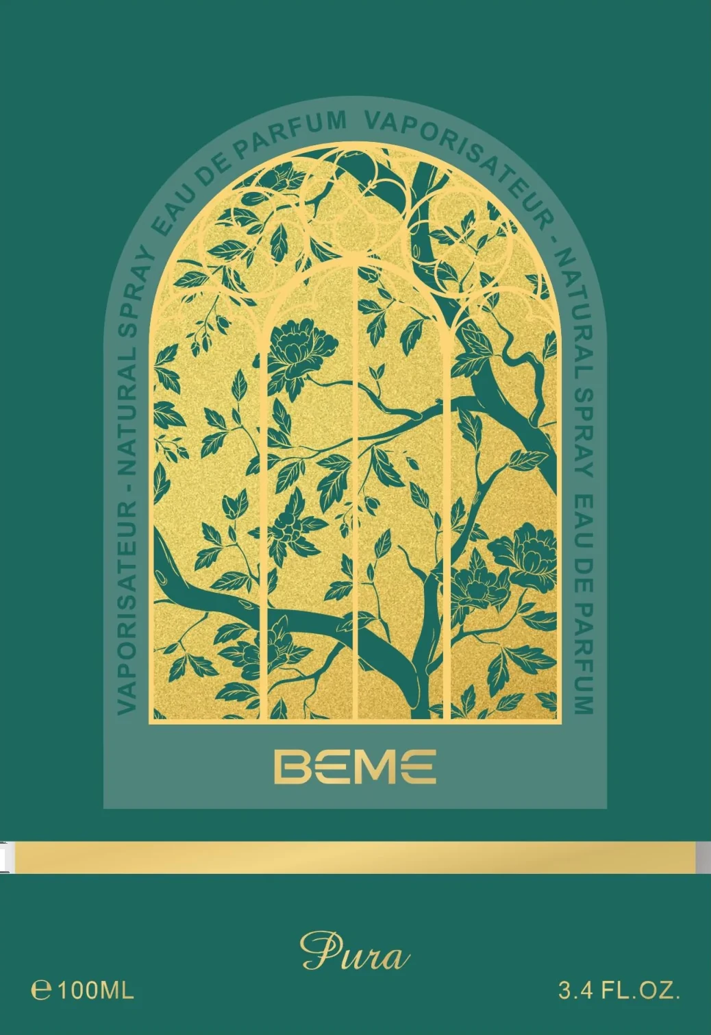 Pura box: deep green soft-touch paper with a gold-foiled arched window